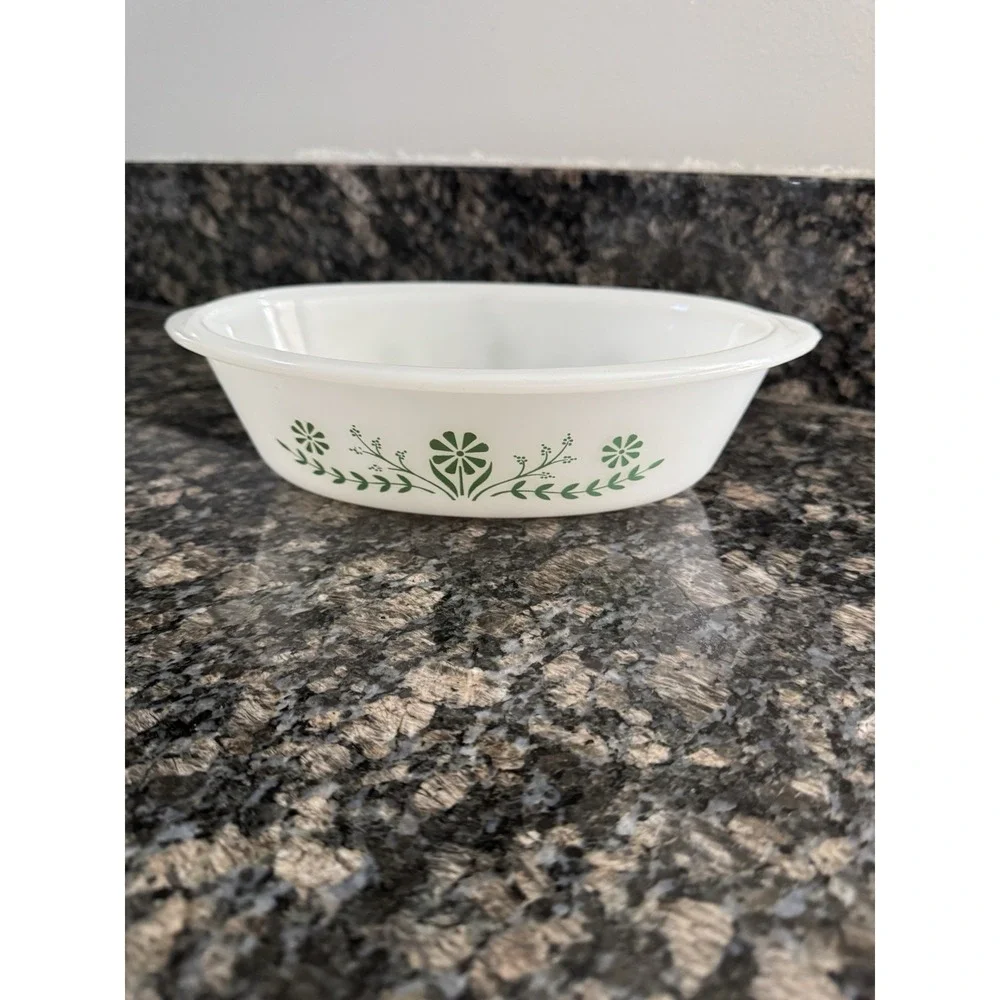Vintage Glassbake 1 qt. Milk Glass Baking Dish with Green Flower Design‎ Country